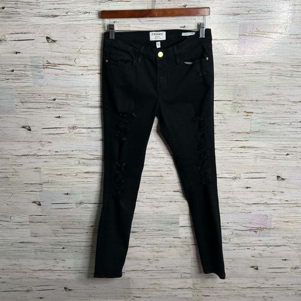 Frame Denim Le Skinny de Jeanne Ripped distressed Hem Black Jeans Size 28